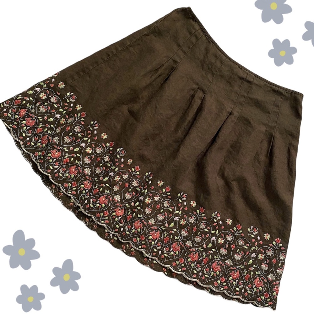Ann Taylor linen a-line floral embroidery skirt w/ side zipper, brown